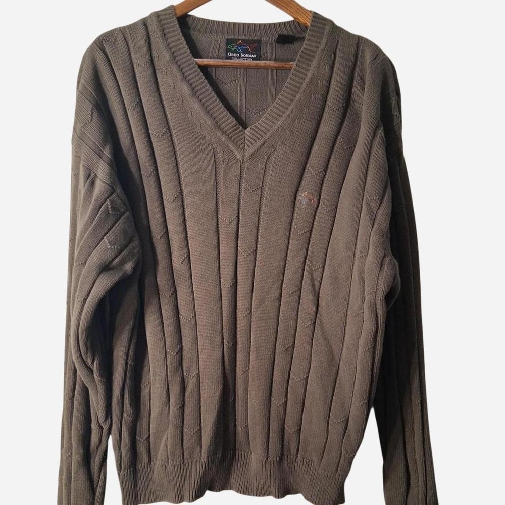 Mens Greg Norman sweater olive green cable knit sweater V neck with logo